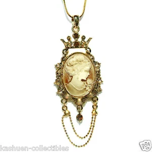 ~Gold Pl CAMEO made with Swarovski Crystal Queen Crown Charm Chain Necklace Xmas - Picture 1 of 1