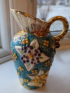 Vintage Belgium Majolica Pitcher #136 Gold Gilding and Bright Floral Pattern - Picture 1 of 9