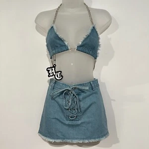 Hidden Cult Denim Co-ord Set Skirt & Halter Top Size XS Rhinestone Dolls Kill - Picture 1 of 17