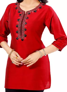 Spiegel Stickerei Top Seidenmischung rot indische Kurti Tunika Kurta Shirt Kleid BH201 - Bild 1 von 8