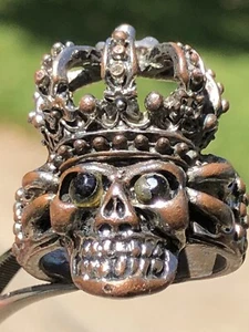 Vintage Rare 1940s Mexican Biker Ring Mixed Metals Skull and Glass/Enamel Eyes - Picture 1 of 20