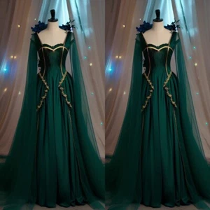 Gothic Wedding Dresses Green Chiffon with Cape Golden Lace Applique Bridal Gowns - Picture 1 of 11