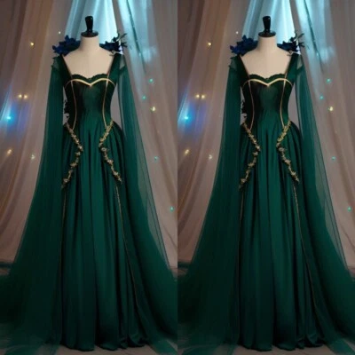 Gothic Wedding Dresses Green Chiffon with Cape Golden Lace Applique Bridal Gowns - Image 1 of 4