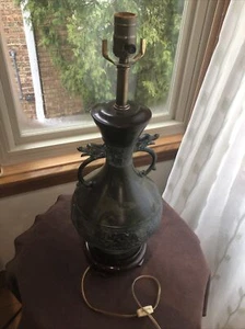 Antique Oriental Bronze and Green Patina Lamp with Dragon Handles on Wood Base - Picture 1 of 7