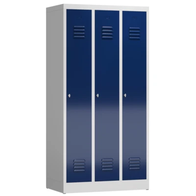 STEELBOXX 3er Spind, Spindschrank, Kleiderspind 3 Abteile 180x90x50cm lichtgrau/enzianblau