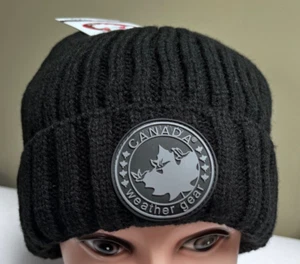 NWT Canada Weather Gear black ribbed gray logo faux fur lined cuffed beanie - Picture 1 of 6