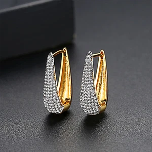 Dainty Gold Silver Two Tone Wide Hoop Dangle Earrings with Clear Cubic Zirconia - Picture 1 of 7