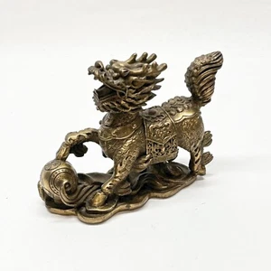 Solid Bronze Brass Kirin (Qilin) Dragon Horse Statue Creature Signed 6x2x4.5" h - Picture 1 of 15