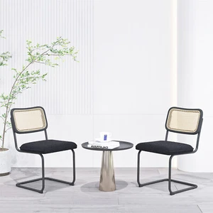 Rattan Dining Chairs Set of 2 Mid-Century Teddy Velvet Cane Backrest Side Chairs - Picture 1 of 10