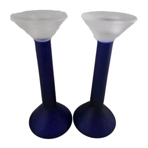 Frosted Cobalt Blue Candlesticks 7in vtg satin glass hourglass colorblock 2pc - Picture 1 of 12