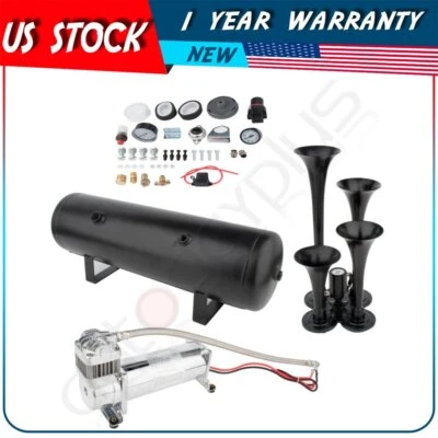 Kit de tanque de aire de bocina de tren de 4 trompetas ruidosas 200 psi para camión coche VR sin mantenimiento Foto 1 de 4