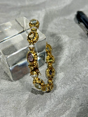 STERLING SILVER GOLD OVERLAY FANCY BRACELET  W/ GEMSTONES AMETHYST-TOPAZ-PERIDOT - Image 1 of 4