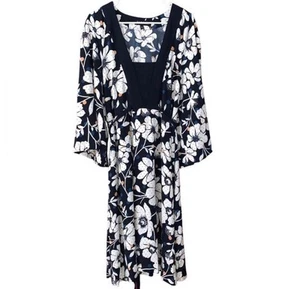 Eloquii Daisy Stupid Love Kleid Damen 28 marineblau weiß Blumen Polyester Taille zum Binden - Bild 1 von 9