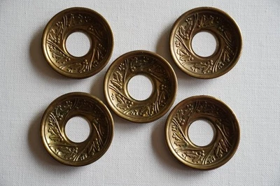 Set Of 5 Vtg Brass Bobeches Candle Drip Catchers Embossed Holly Leaves & Berries - Image 1 of 4