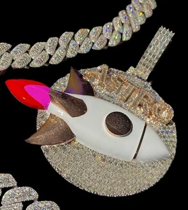 Custom Iced Out Hip Hop "NAME" Rocket 925 Sterling Silver Moissanite Pendant - Picture 1 of 4
