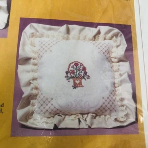 Vintage 1984 Cross-Stitch Pillow Cottage Square Ruffled Flower Basket Bouquet - Picture 1 of 10