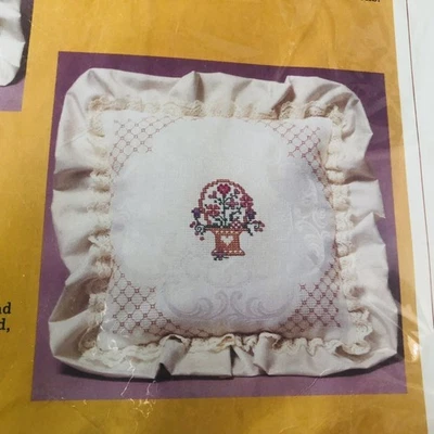 Vintage 1984 Cross-Stitch Pillow Cottage Square Ruffled Flower Basket Bouquet - Image 1 of 4