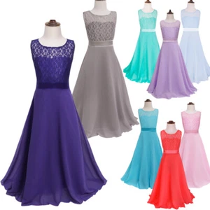 US Girl Formal Long Dress Kids Wedding Bridesmaid Pageant Lace Chiffon Prom Gown - Picture 1 of 31