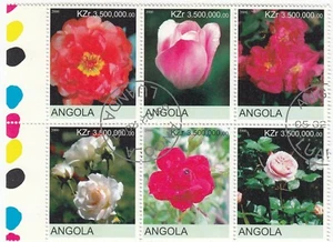 Angola; 2000 Flowers Block Of 6 x 3.5 Million CTO, With Selvedge, Roses, Tulips - Picture 1 of 1