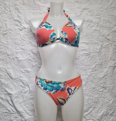 Bikini Maryan Mehlhorn coral y azul acuarela estampado cuello halter talla 14 C Foto 1 de 4