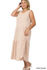 1X 2X 3X Plus Size Women&#39;s Round Neck Sleeveless Tiered Relaxed Fit Midi Dress