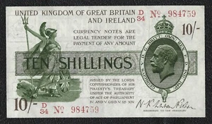 Warren Fisher 10/- Treasury Banknote D/34 No 984759 (T26 GB & Ireland 1919) EF+ - Picture 1 of 2