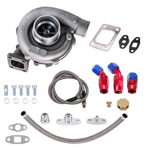 Universal turbo turbocharger T3T4 T04E A/R .63 Turbine 5 Bolts Flange + Oil Line - Picture 1 of 11