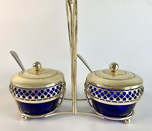 Vintage Queen Anne Cobalt Blue 2 Sugar Bowl Set Silver Plated Holder Spoons