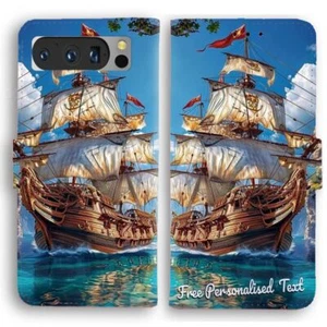 Personalised Text Wallet Phone Cover For Google Series - Pirate Ship - Picture 1 of 1
