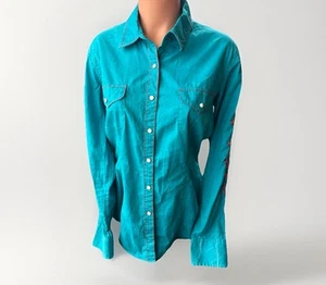 Rock & Roll Cowgirl Turquoise Blue Pearl Snap Button Up Shirt Size L Rodeo West - Picture 1 of 7