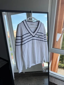 Vintage Lacoste Chemise Tennis Sweater White Navy Made in France Size 4 - Picture 1 of 12