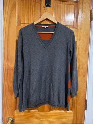 Women’s Lisa Todd Cotton Cashmere Grey Orange Stripe V Neck Pullover Sweater  Si - Image 1 of 4