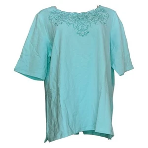 Quacker Factory Floral Embroidered Elbow Sleeve Top Light Aqua Medium A477174 - Picture 1 of 1