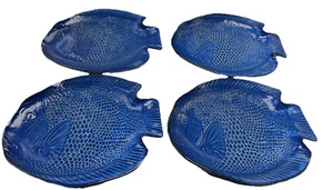 4 Vtg UTTERMOST Ceramic Cobalt Blue Fish Sushi Dish Plate 9.5" Japanese Kotobuki - Bild 1 von 11