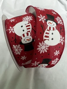 10 Yards 2.5 Inch Wired Ribbon Red Canvas Snowman Winter Snowflakes Christmas - Picture 1 of 1