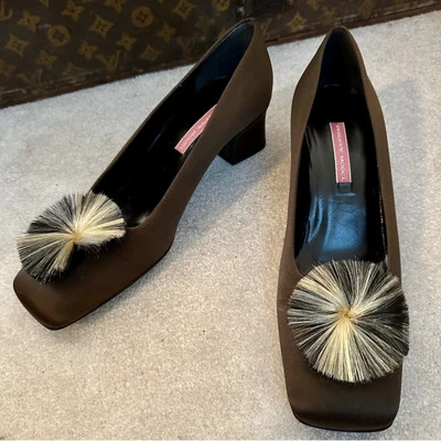 ВИНТАЖНЫЙ 1990-х годов PHILIPPE модель коричневый шелк атлас официальный насосы конский волос спрей 38 - Изображение 1 из 4