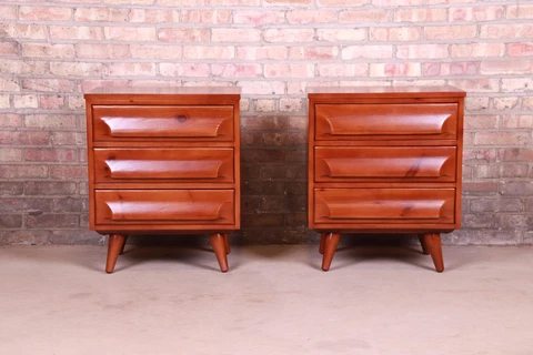 Franklin Shockey Mid-Century Modern Sculpted Solid Pine Bedside Chests, Newly Re Cover