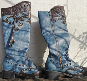Damenstiefel , Cowboy stiefel, Westernstiefel, hoher Schaft, Blau mit Nieten, - Bild 1 von 8