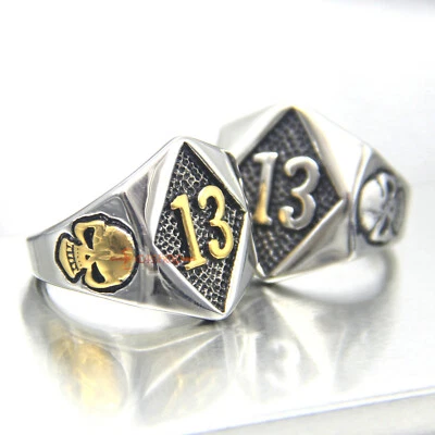 Anillo de motociclista calavera plata/oro de acero inoxidable número 13 número de la suerte para hombre Foto 1 de 4