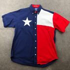 Texas Cotton Shirt Men Medium Blue Red Flag Lone Star State Button Rodeo Western