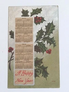 Postkarte Frohes Neues Jahr mit Kalender 1910 Silber Stechpalme & Beeren 4202 - Bild 1 von 5