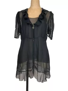 Blusa Chanel 02P Primavera 2002 Negra Seda Gasa Volantes Cuello en V Manga Abullonada Talla 44 - Imagen 1 de 17