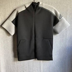 Adidas Full Zip Short Sleeves Scuba Jacket Stylish Sportswear Sz L Black Gray - Picture 1 of 7