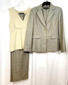 KASPER Womens Size 8 *3-Piece* Beige Plaid Lined Jacket Top Pants Suit Set - Picture 1 of 7