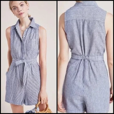 Mameluco sin mangas Anthropologie mezcla de lino azul ferrocarril rayas 2 Foto 1 de 4