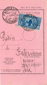 Italia Regno 1931 Ricevuta di Ritorno dalla Francia per Fabriano - Foto 1 di 2