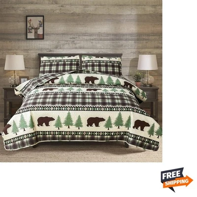 Cabin Bear Quilts Set Full/Queen Size, Lightweight Plaid Bedspread Coverlet R... - Image 1 of 4