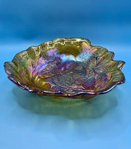 Vintage Indiana Carnival Glass Loganberry Leaf Amber Marigold Candy Dish Bowl - Picture 1 of 24