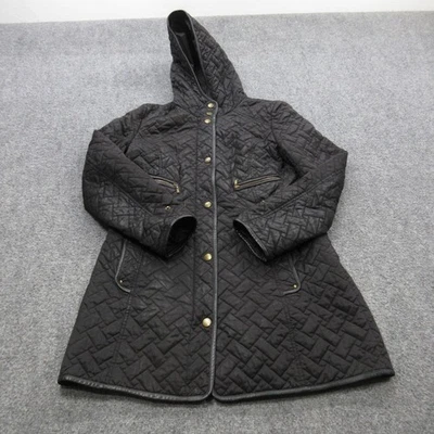 Cole Haan Jacket Womens Small Black Quilted Hooded Lambskin Trim Full Zip Coat - Image 1 of 4