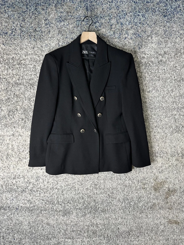 Blazer Zara Mujer Grande Negro Doble Pecho Dorado Botón Chaqueta Oficina Foto 1 de 4